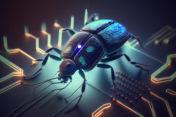 Electronic bug on circuit. Computer virus concept. Spy bug. Generative AI.