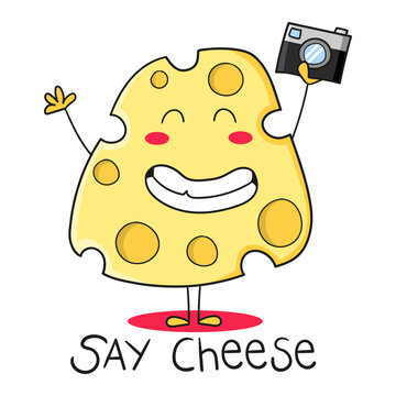 Illustration of a smiling piece of cheese with a photo camera in hand and saying "say cheese", t-shirt design