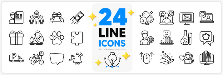Fototapeta na wymiar Icons set of Puzzle, Chat message and Smile line icons pack for app with Truck parking, Fast payment, Sulfur mineral thin outline icon. Photo thumbnail, Social media, Dog paw pictogram. Vector