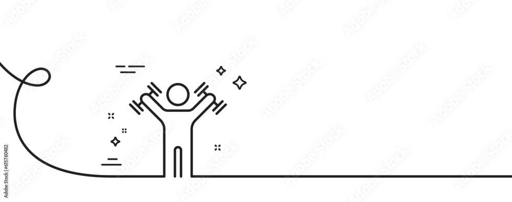 Poster man with dumbbells line icon. continuous one line with curl. workout equipment sign. gym fit symbol.