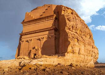 Hegra Archaeological site in AlUla, Saudi Arabia. Tombs carved in the rocks by the Nabatean Civilization. 