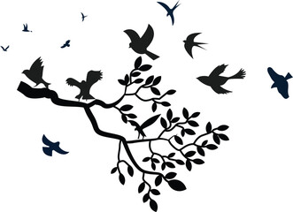 Tree branch with leaves, birds perched and flying with black and white silhouette - wall decals