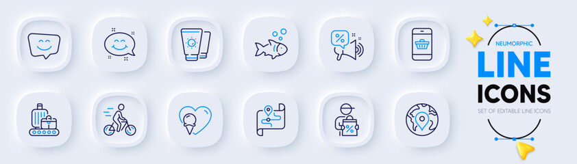 Fish, Cyclist and Pin line icons for web app. Pack of Discounts offer, Baggage belt, Smartphone buying pictogram icons. Ice cream, Smile face, Sunscreen signs. Map, Smile chat. Vector