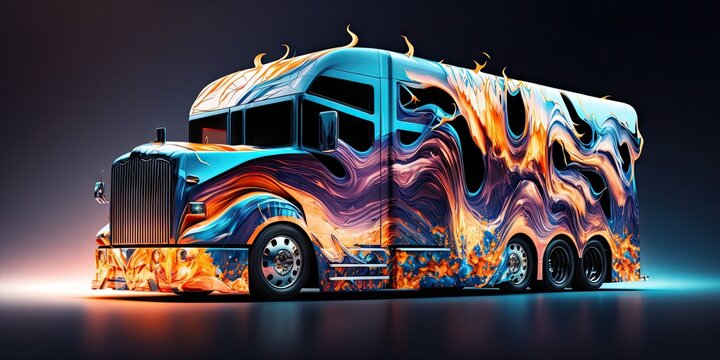 Abstract Art In Truck Van In Fire Color Pattern With Hot Wheel. Concept Of Colorful Engine Transport Isolated On Vivid Background. Glorious Generative AI.