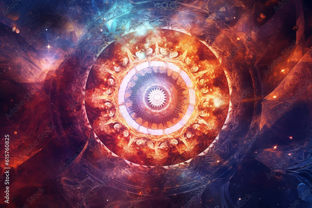 Poster Sumerian Cosmos: A captivating image featuring abstract celestial motifs inspired by Sumerian cosmology, with swirling patterns and cosmic hues. Generative AI technology.