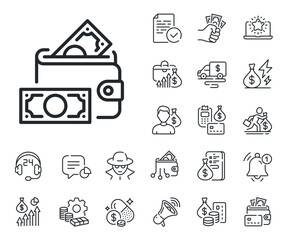Cash banknotes sign. Cash money, loan and mortgage outline icons. Money wallet line icon. Financial profit symbol. Money wallet line sign. Credit card, crypto wallet icon. Vector