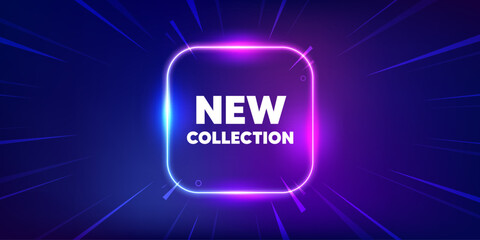 New collection tag. Neon light frame box banner. New fashion arrival sign. Advertising offer symbol. New collection neon light frame message. Vector