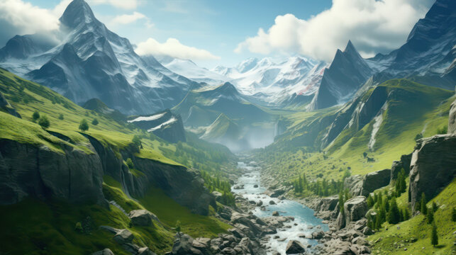 Fantasy landscape with a mountain range. Waterfalls, peaks, and flora. A breathtaking and serene image of nature’s beauty AI Generative