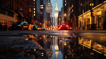 Fototapeta na wymiar Rainy reflections in puddles. Buildings, trees, or other elements in twisted shapes and colors. A dazzling image of water and light AI Generative