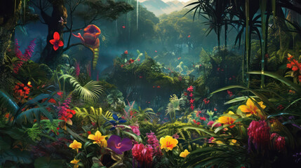 Fototapeta na wymiar A jungle scene with relentless rain and mist. Tropical flowers and ferns shine in the wetness. A mysterious and adventurous world to explore AI Generative