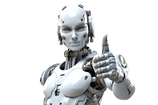 A robot, cyber giving thumbs up isolated on white and transparent background, created with Generative AI technology