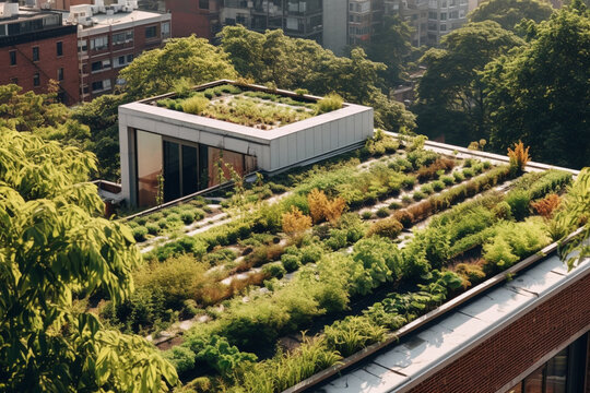 Rooftop garden filled with green vegetation, Natural climate solutions, nature background Generative AI
