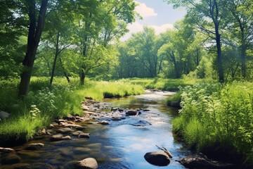 Obraz premium A river or stream with a riparian buffer of trees and shrubs, Natural climate solutions, nature background Generative AI