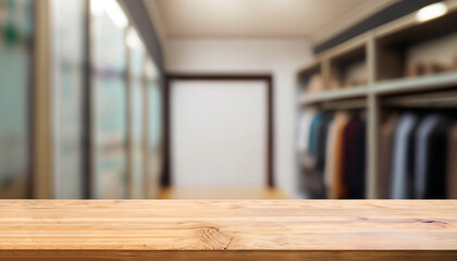 Empty wooden table on a background blur closet in the room for display or montage your products