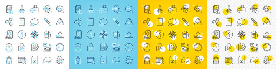 Vector icons set of Info, Talk bubble and Time line icons pack for web with Chemical formula, Dots message, Mail app outline icon. Waterproof, Online voting, Versatile pictogram. Rfp. Vector