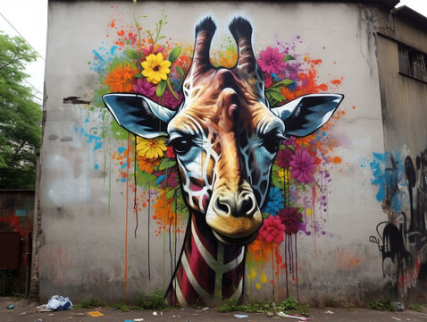 Street Art Graffiti of a Giraffe | Generative AI