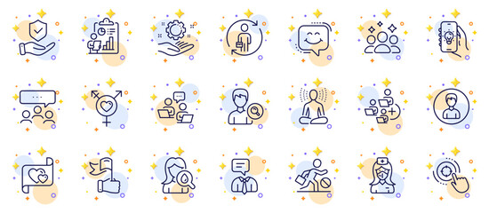 Outline set of Insurance hand, Support service and Smile chat line icons for web app. Include Teamwork, Person, Meeting pictogram icons. Search people, Genders, Nurse signs. Love letter. Vector