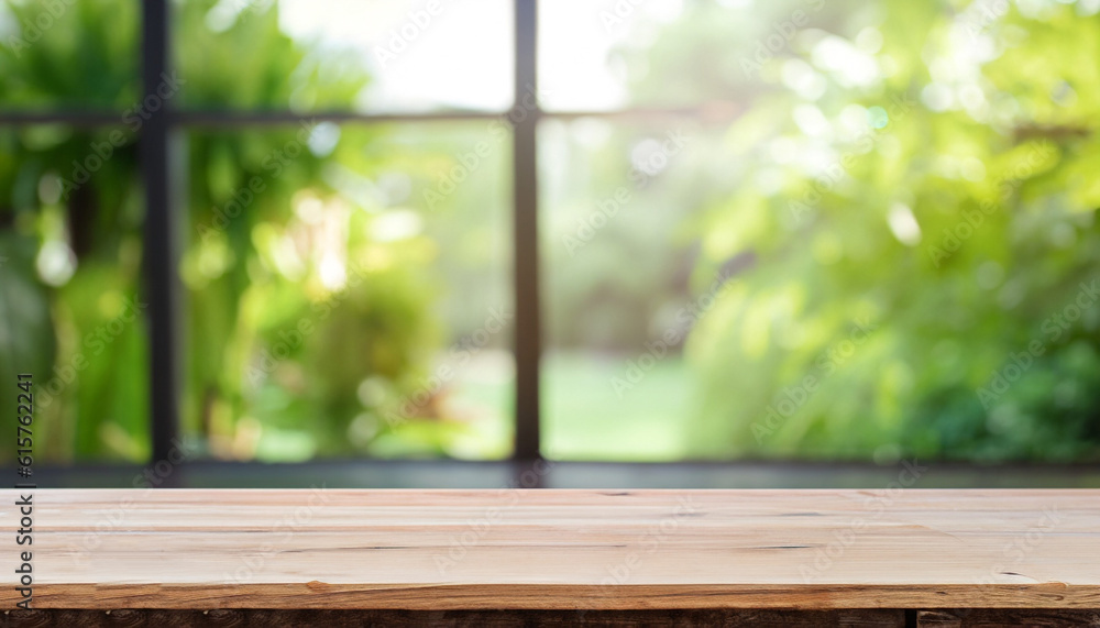Poster top of wood table counter on blur window view garden background. for montage product display or desi
