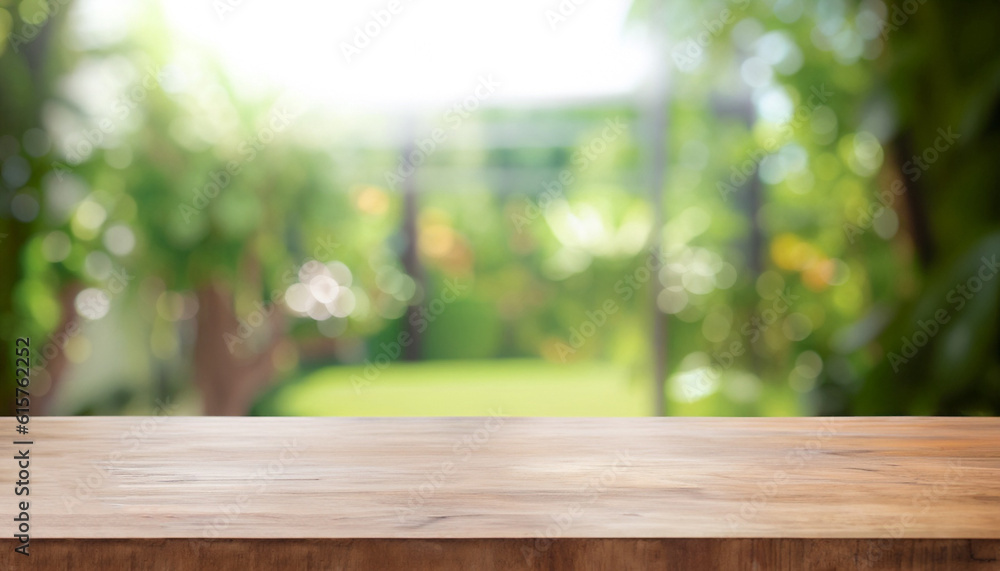 Poster top of wood table counter on blur window view garden background. for montage product display or desi