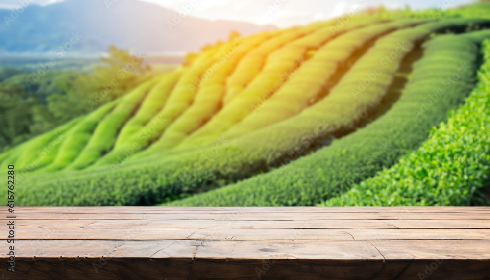 Poster wooden table top on blur green tea mountain and grass field. fresh and relax concept. for montage pr