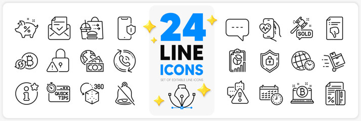 Icons set of Lock, Thumb down and Food delivery line icons pack for app with Shield, Cardio training, Auction hammer thin outline icon. Info, Warning, Quick tips pictogram. Credit card. Vector
