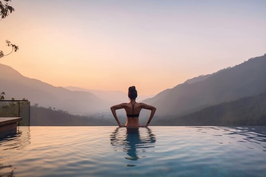 Young Woman Relaxing in Infinity Edge Luxury Outdoor Swimming Pool, Admiring Foggy Hillside and Green Mountains at Sunset. AI
