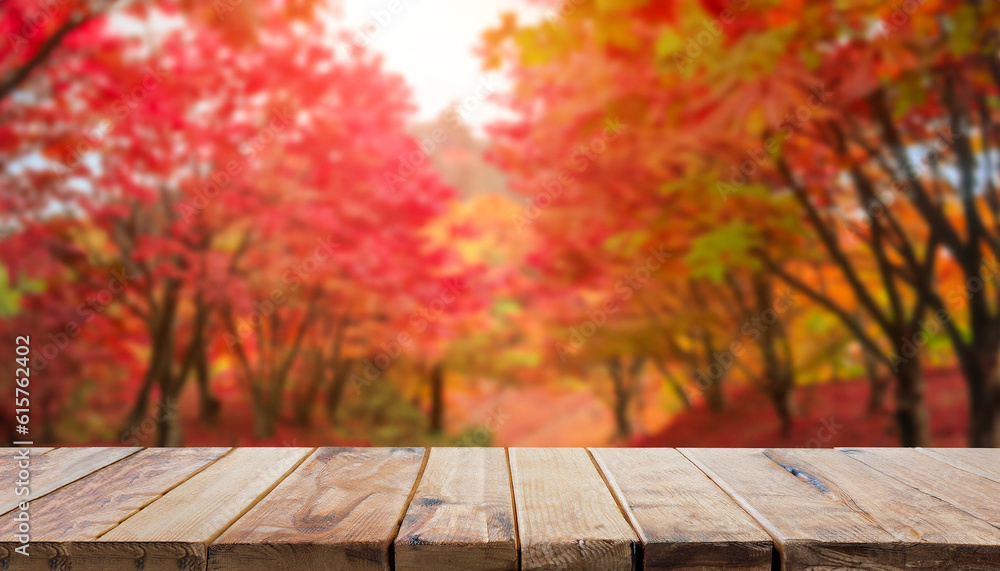 Poster wooden table top on blur red maple leaves forest. fresh and relax concept. for montage product displ