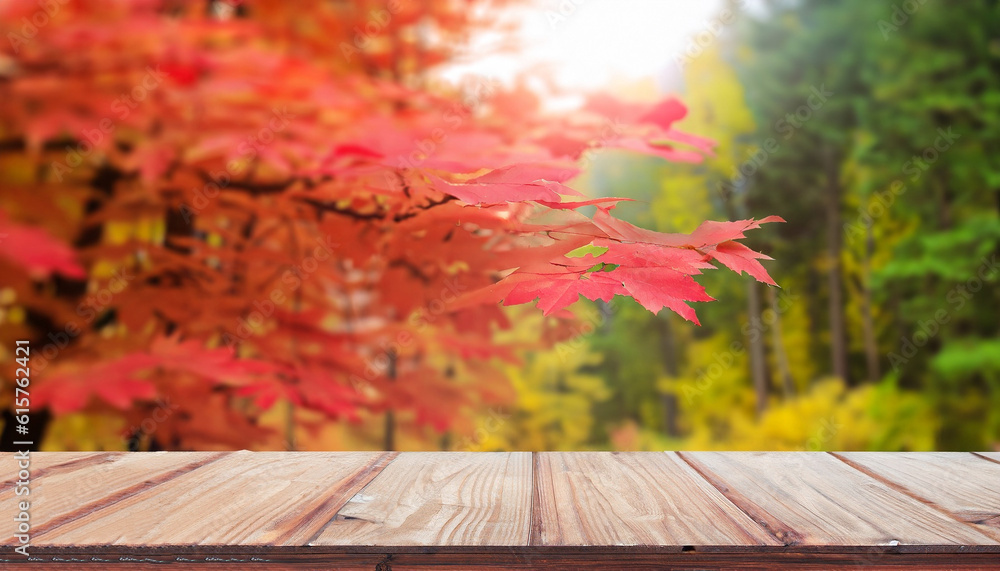 Poster wooden table top on blur red maple leaves forest. fresh and relax concept. for montage product displ