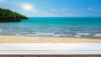 White wooden table top on blur the blue sea or beach. Summer daytime concept. For montage product display or design key visual layout. View of copy space.