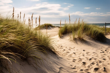 Coastal dunes with vegetation for erosion control, Natural climate solutions, nature background Generative AI