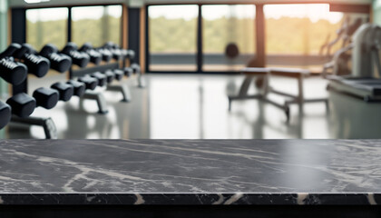 Empty black marble stone table top on blurred with bokeh Exercise room, fitness and gym interior background - can be used for display or montage your products