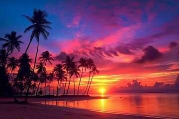 Fototapeta na wymiar Colorful Tropical Ocean Sunset with Silhouettes of Coconut Palm Trees. AI