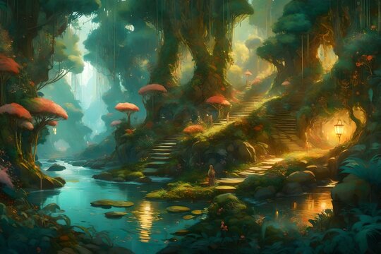 A beautiful painting of a magical village hidden deep in the forest surrounded by magical lighting / Ai Generated wallpaper/background