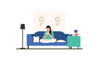 A woman sitting on a sofa using a fone flat illustration vector image