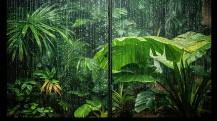 Fototapete Grün From the window of a home in the jungle, a symphony of rain fills the air. Pools and ripples reflect the lush foliage, flowers, and wildlife. The ecosystem is in harmony and vitality AI Generative