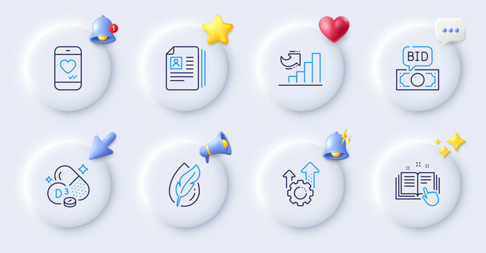 Technical documentation, Bid offer and Love chat line icons. Buttons with 3d bell, chat speech, cursor. Pack of Cv documents, Hypoallergenic tested, Seo gear icon. Vector