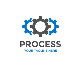 Process organization business concept logo design. Gear effective, Workflow icon, Sync process, optimization operation, fix strategy industry, transmission gear wheel vector design and illustration.
