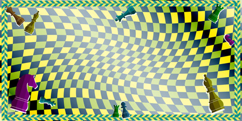 Green yellow chequered square pattern. Wavy strips texture with decorative frame. Chess pieces icons.