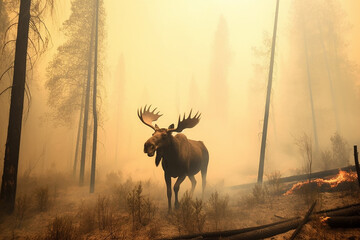 Moose escapes forest fire. Generative AI. 