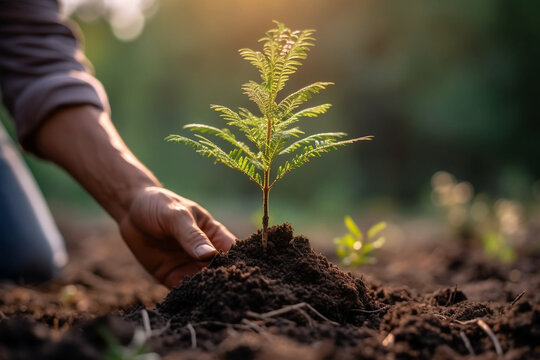 Reforestation project with seedlings being planted, Natural climate solutions, nature background Generative AI