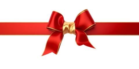 red ribbon  and bow with gold isolated against transparent background