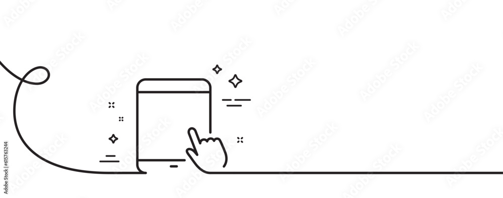 Poster tablet pc icon. continuous one line with curl. mobile device with hand cursor sign. touchscreen gadg