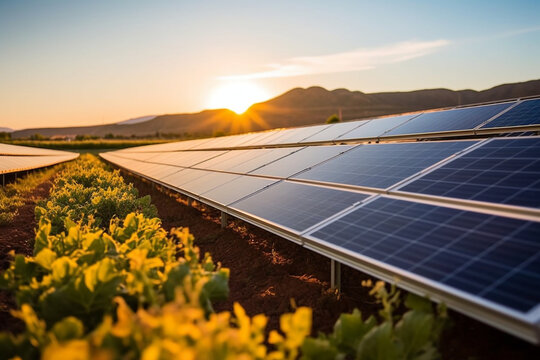 Solar farm generating renewable energy, Natural climate solutions, nature background Generative AI