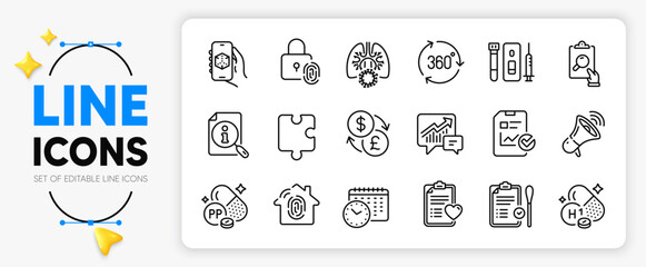 Niacin, Vitamin h1 and Fingerprint lock line icons set for app include Puzzle, Inspect, Search outline thin icon. Currency exchange, Nasal test, Megaphone pictogram icon. Vector