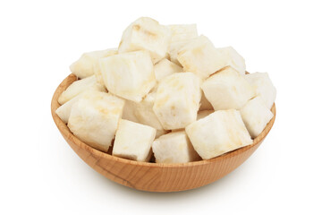 diced celery root in wooden bowl isolated on white background