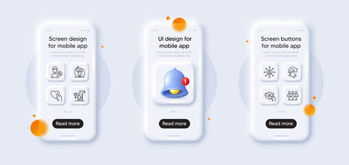 Vaccine protection, Rotation gesture and Search people line icons pack. 3d phone mockups with bell alert. Glass smartphone screen. Hold heart, Painter, Group web icon. Vector