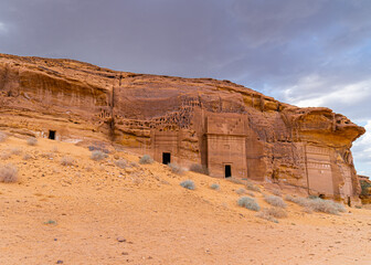 Hegra Archaeological site in AlUla, Saudi Arabia. Tombs carved in the rocks by the Nabatean Civilization. 