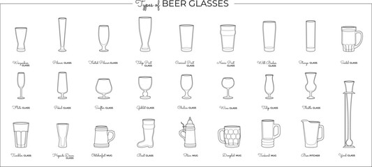 Vector set of alcohol beer glasses and mugs. Vector line art bar illustration