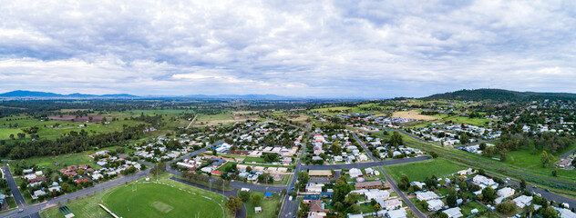 panoramic view over country town of Gunnedah on overcast evening