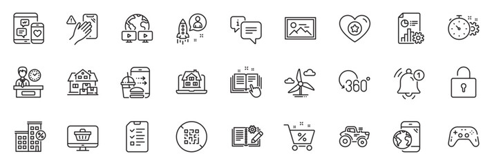 Fototapeta na wymiar Icons pack as Presentation time, Loan house and Info line icons for app include Tractor, Photo, Home moving outline thin icon web set. Mobile internet, Report, Windmill turbine pictogram. Vector